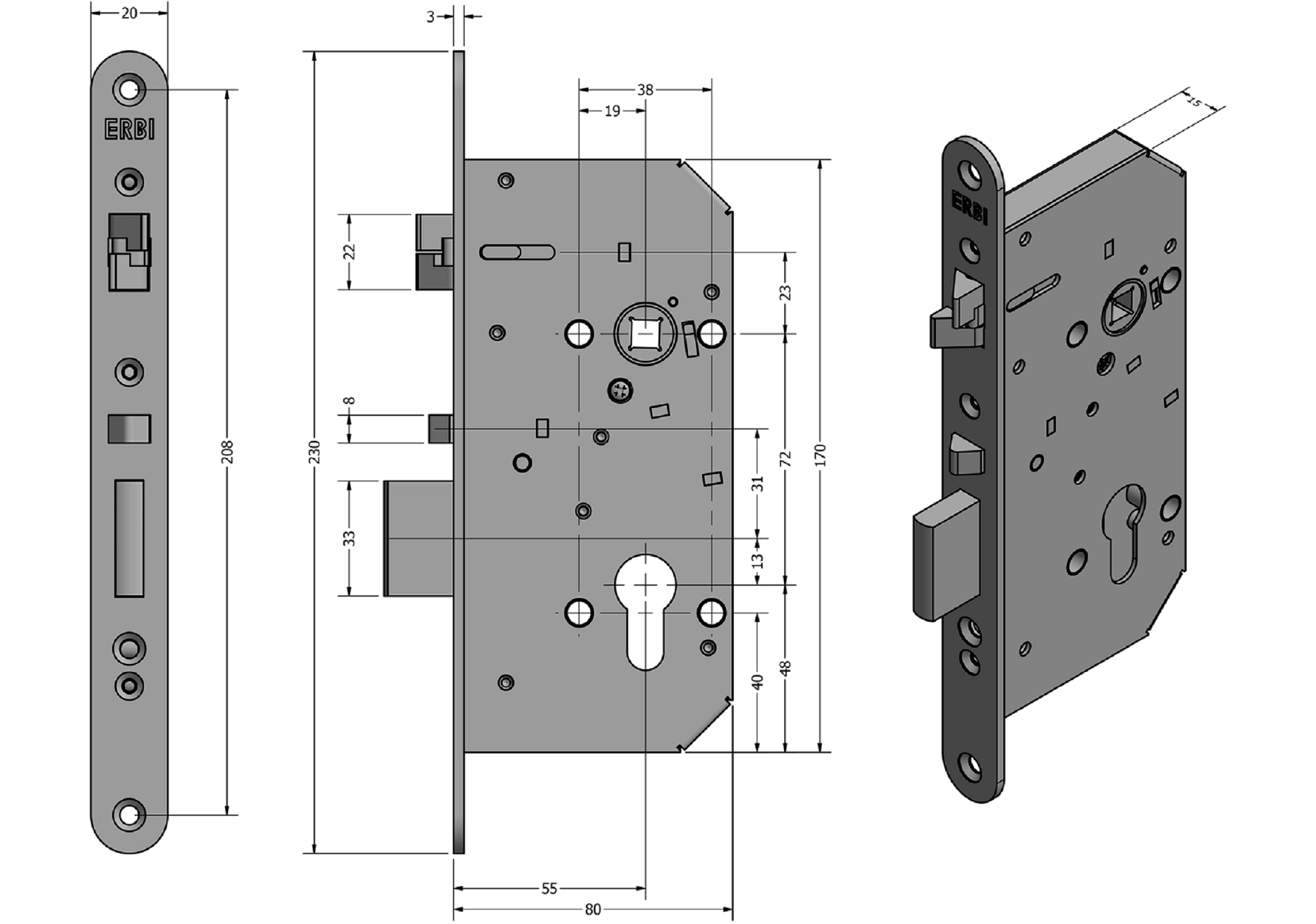 Zadlabací zámek ERBI - STAR 72/55 mechanický samozamykací Zadlabací zámek ERBI - STAR 72/55 mechanický samozamykací