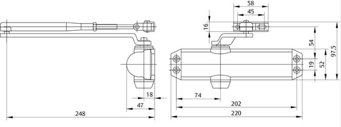 Dveřní zavírač ASSA ABLOY (FAB) DC 120 s lomeným aretačním ramínkem Dveřní zavírač ASSA ABLOY (FAB) DC 120 s lomeným aretačním ramínkem