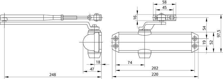 Dveřní zavírač ASSA ABLOY (FAB) DC 120 s lomeným ramínkem Dveřní zavírač ASSA ABLOY (FAB) DC 120 s lomeným ramínkem