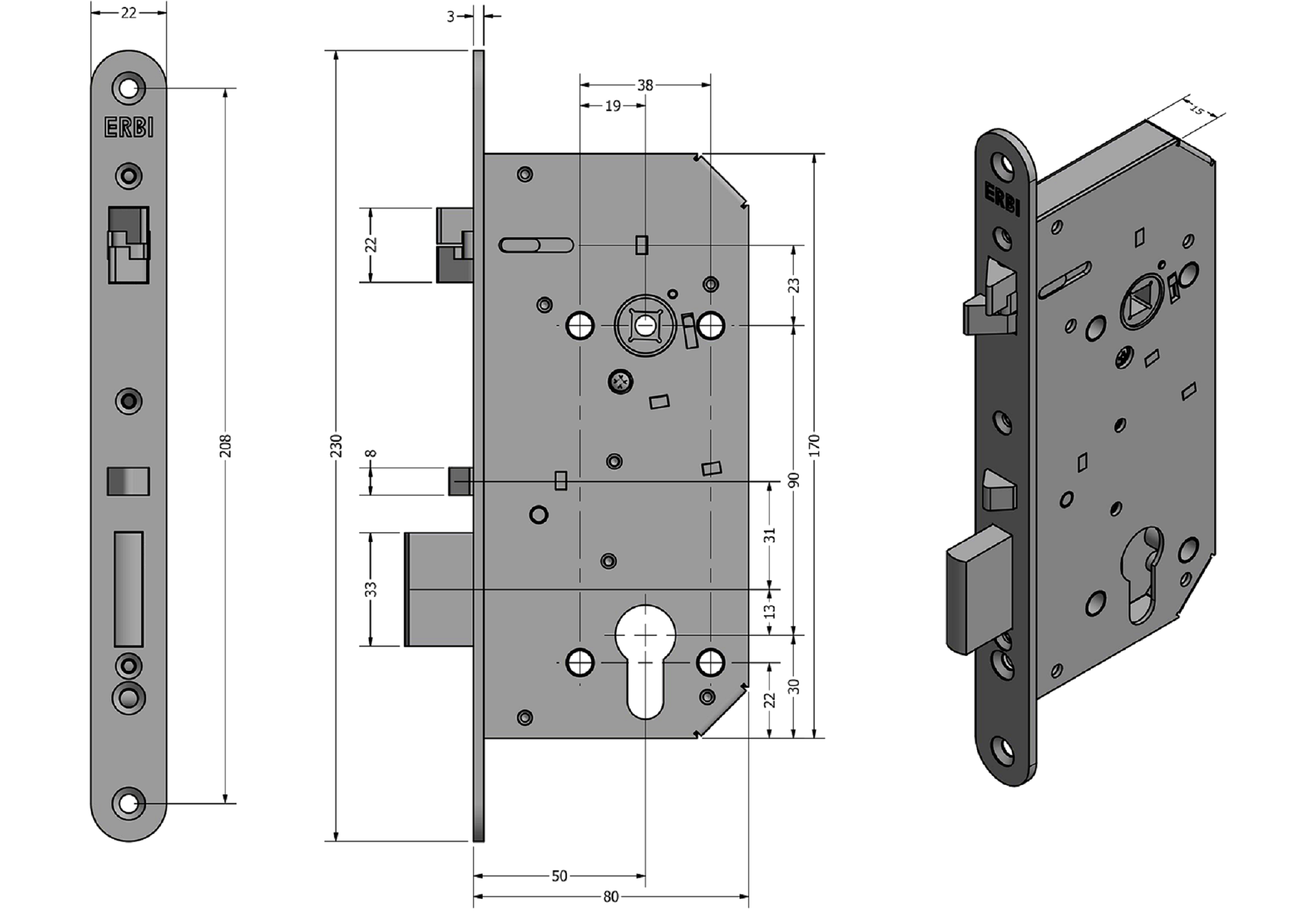Zadlabací zámek ERBI - STAR 90/50 mechanický samozamykací Zadlabací zámek ERBI - STAR 90/50 mechanický samozamykací
