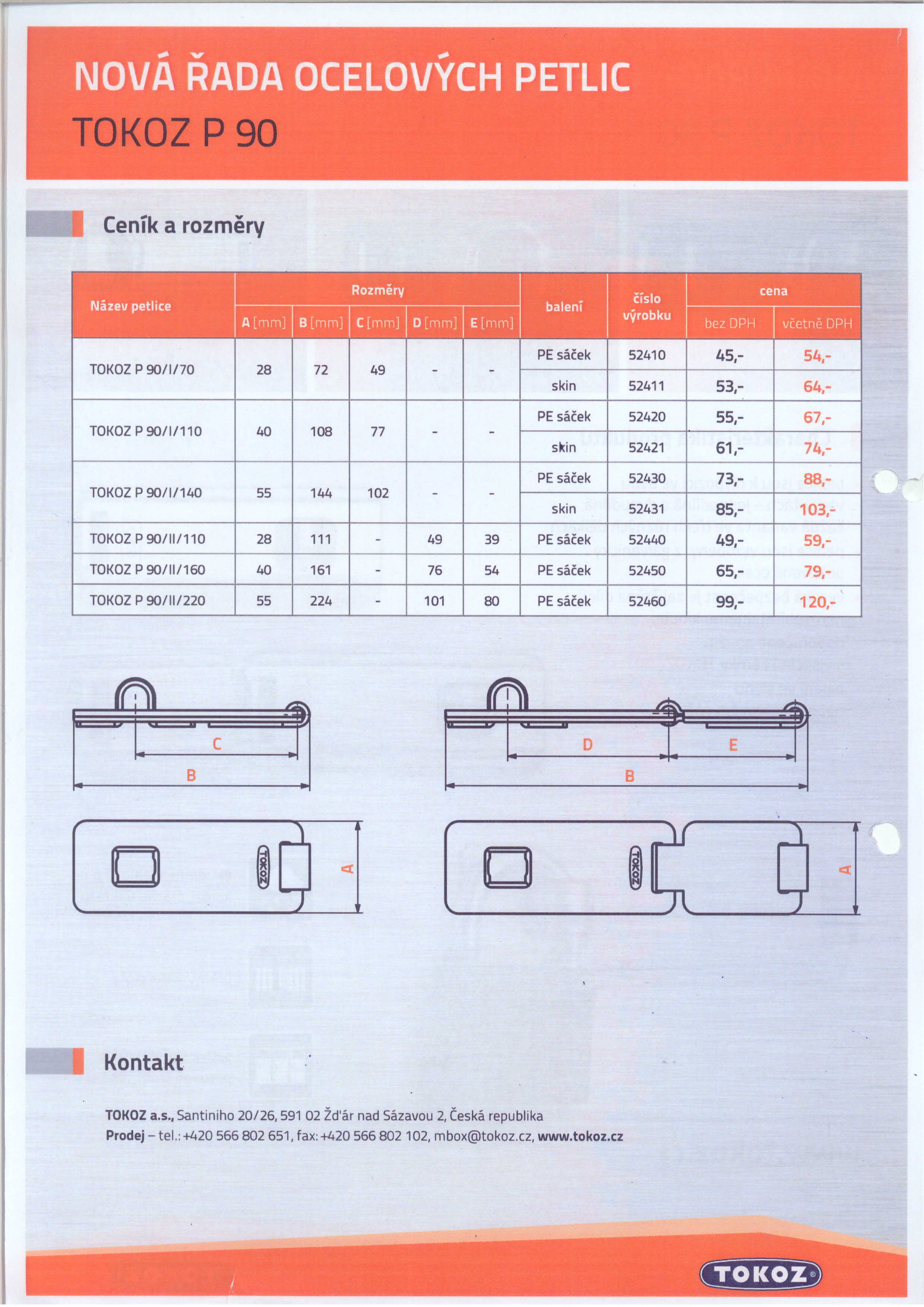 TOKOZ petlice 90 - katalog - rozměry