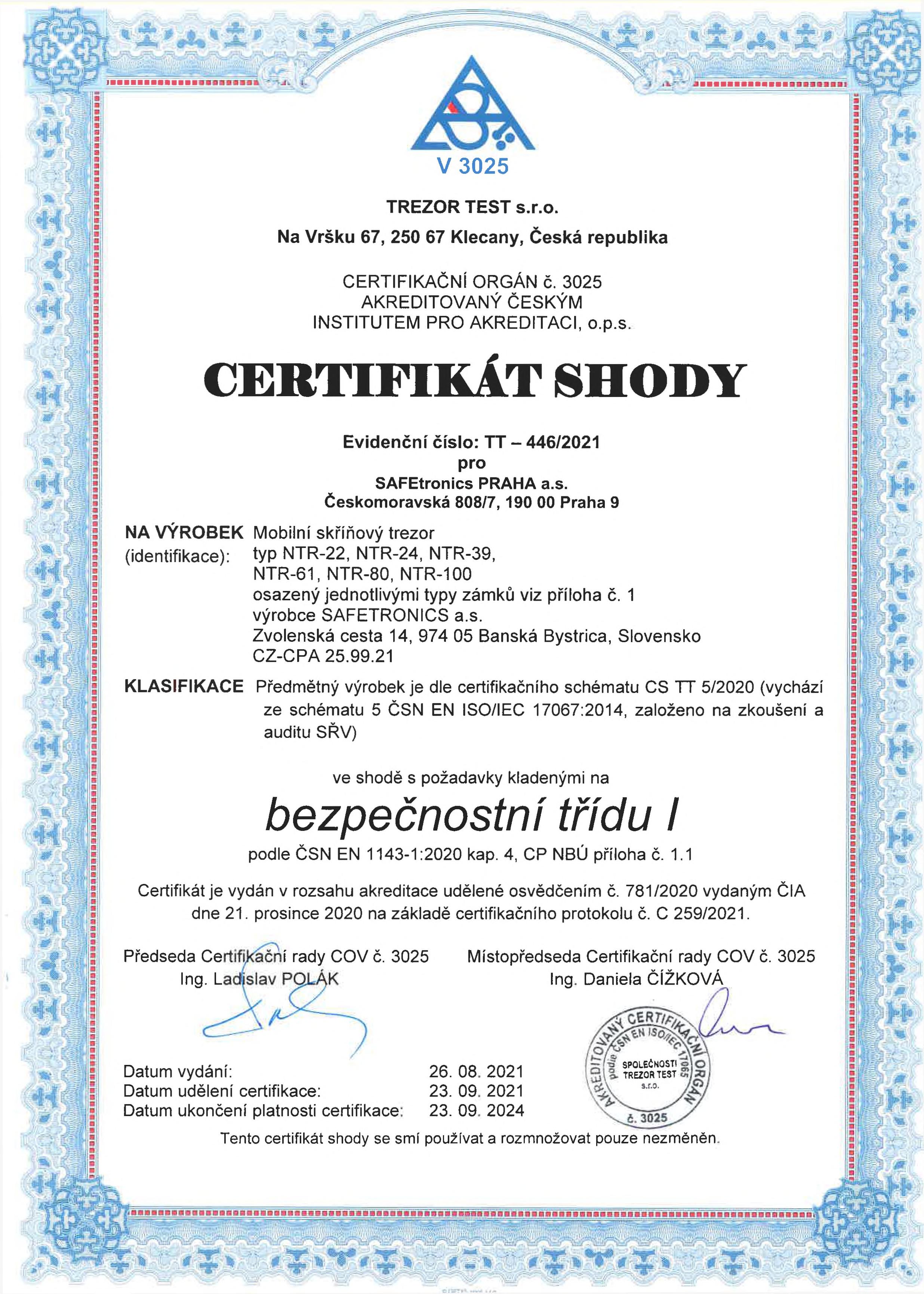 NTR Certifikát bezpečnostní třídy