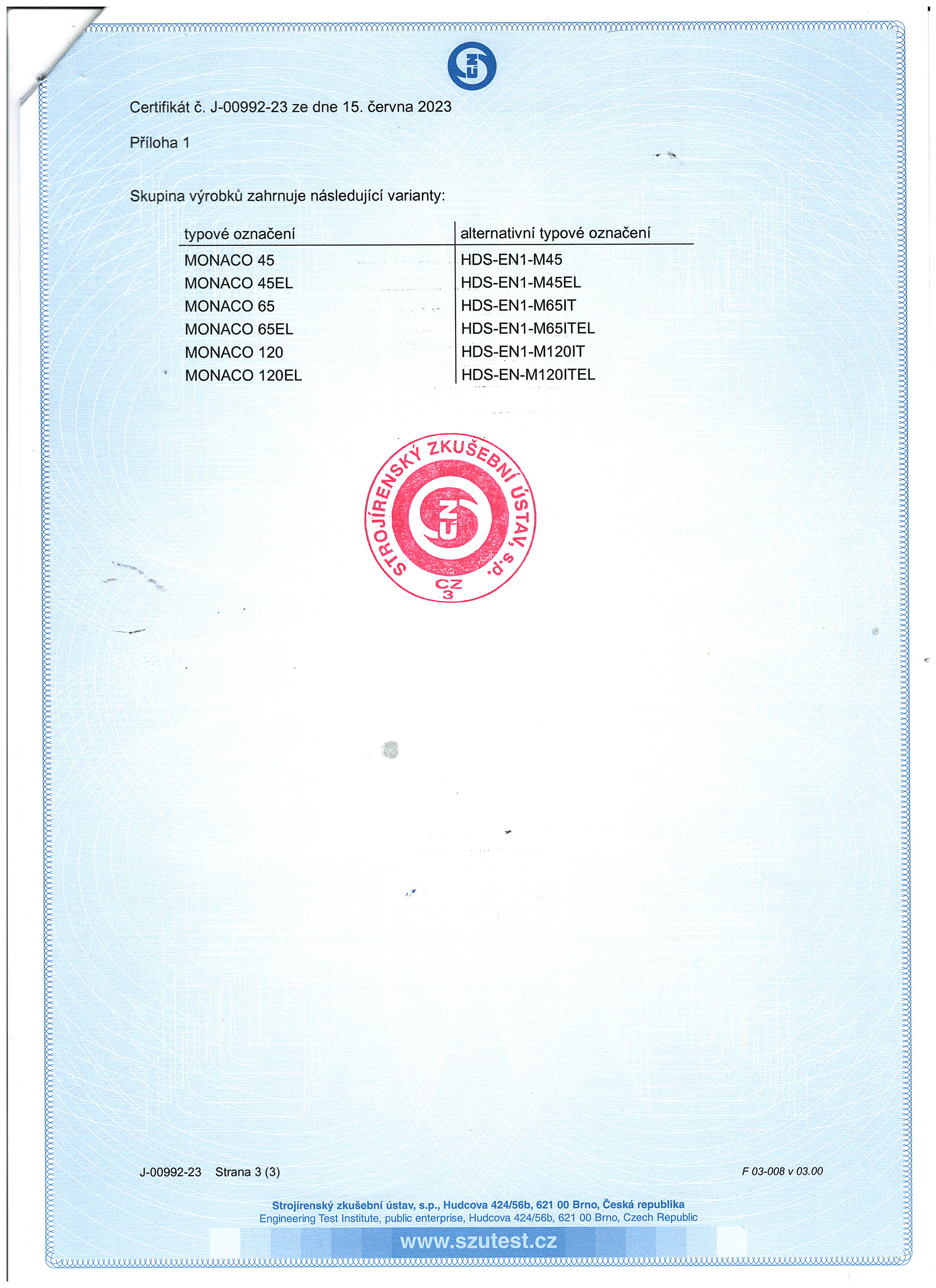 Certifikát bezpečnostní třídy 2 - MONACO